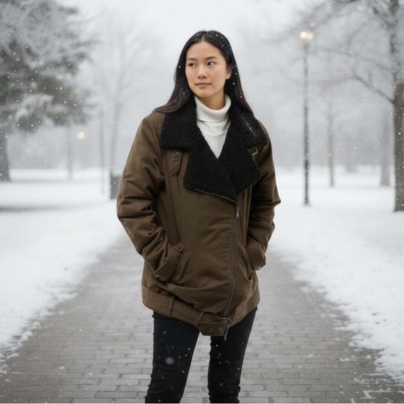 Express Olive Black Fleece Asymmetrical Bomber Jacket - Picture 1 of 6